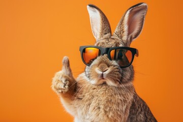 Funny easter animal pet - Easter bunny rabbit with sunglasses, giving thumb up, isolated on orange background