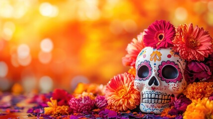 Vibrant Dia de los Muertos Celebration Banner with Colorful Flowers and Intricate Sugar Skull Artwork