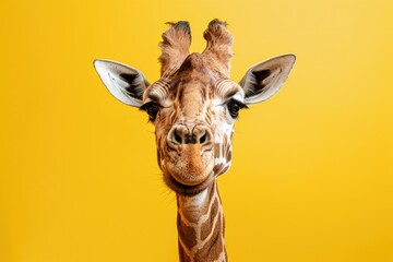 Giraffe looking surprised, reacting amazed, impressed, standing over yellow background