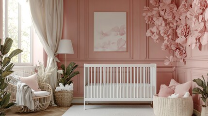 Soft pink and gold nursery with delicate floral accents, white crib, and cozy reading nook, warm and elegant, wide shot