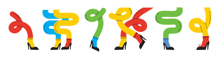 Groovy hippie set of colorful curved funny twisted intertwined legs in different poses. Hand drawn vector colored trendy illustration. Flat design