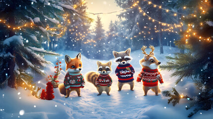 Fototapeta premium cheerful winter backdrop featuring group of woodland animals in festive sweaters, surrounded by snow and twinkling lights, creating joyful holiday atmosphere