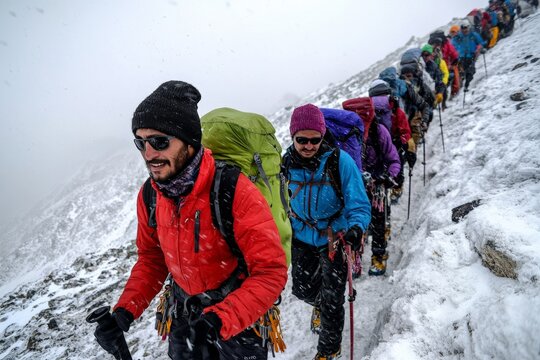 Sherpas leading climbers up a steep incline on Mount Everest, their resilience and expertise evident as they guide the group through the harsh, icy terrain