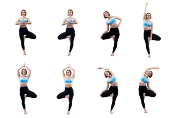 Healthy and active young woman in sportswear with different professional fitness posture set of yoga training session. Meditation yoga exercise on isolated background in gaiety full body length shot.