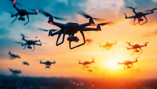 A stunning sunset scene filled with multiple drones flying in formation, showcasing advanced technology against a colorful sky.