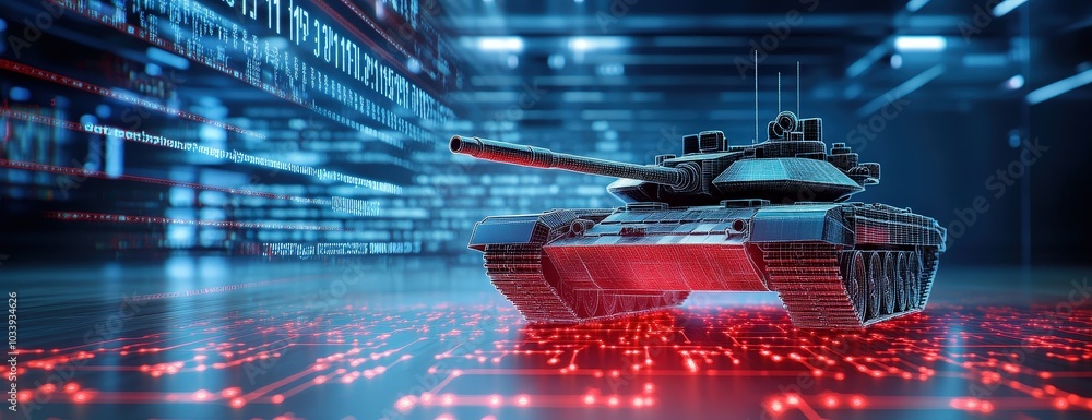 Aufkleber a futuristic tank model set against a digital background, featuring intricate data patterns and a hi