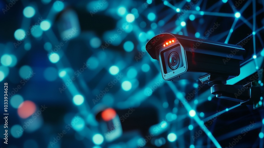 Poster the image features surveillance cameras connected by networks of blue light, symbolizing security an