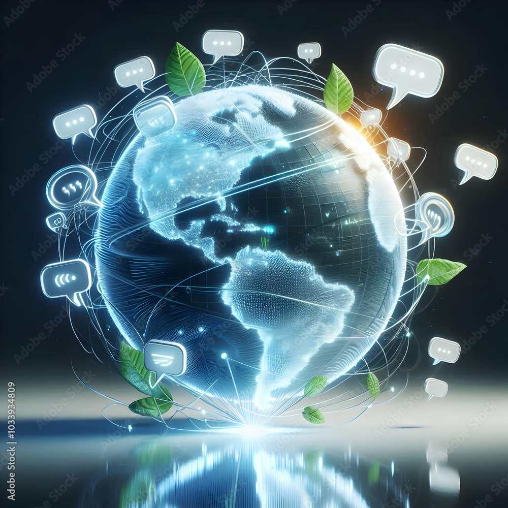 Poster 3d floating holographic globe with discussion bubbles: close-up of rotating earth and glowing enviro