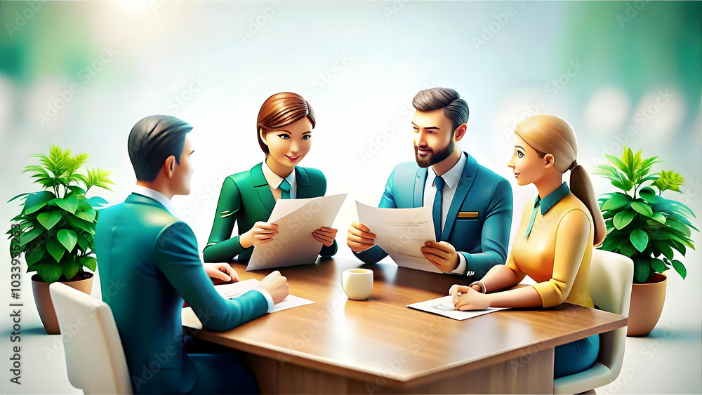 Poster close up of colleagues exchanging business documents in a meeting with soft bokeh background for pro