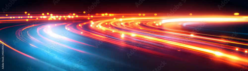Poster glossy light trails streak across plain white background creating copy space for dynamic innovation 