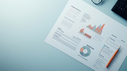 A business report document with graphs and analysis on a desk, accompanied by a pen, depicting corporate planning, data review, or financial strategies.