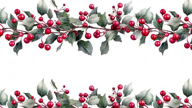 A seamless pattern of Christmas holly branches in watercolor style. Loop animation