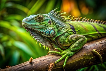 Green iguana portrait on branch in tropical rainforest