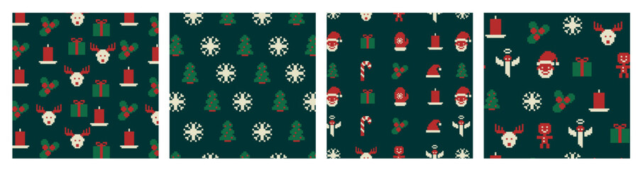 Fototapeta premium 8bit pixel Christmas sweater patterns set. Cute pixelated ornament, Christmas holiday traditional sweater knit with red socks, reindeer, gift box and bow square pixel vector pattern
