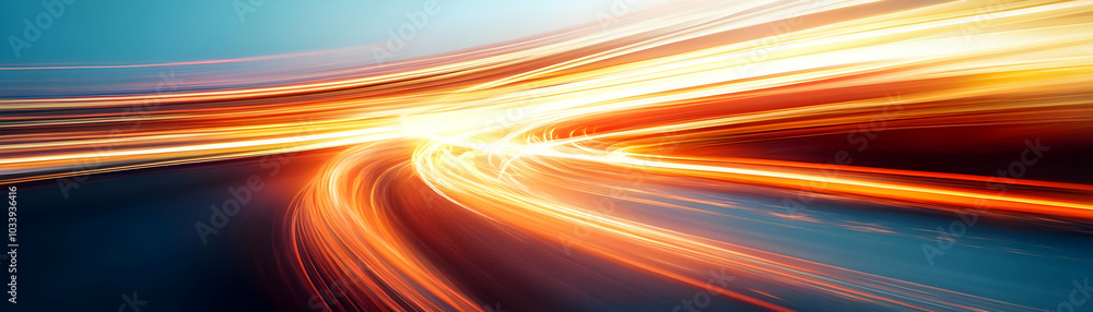 Poster glossy light trails on white background - space for copy, capturing motion blur symbolizing innovati