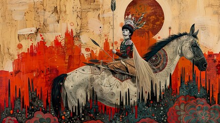 Fantasy Warrior Woman Riding a Horse with a Crown and Feathers