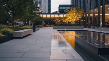 Modern cityscape with illuminated trees and reflecting pool at dusk