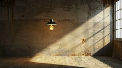 Dark empty room with single flickering light bulb casting long shadows, emphasizing absence of power and eerie atmosphere, minimalist setting with focus on light bulb's glow.