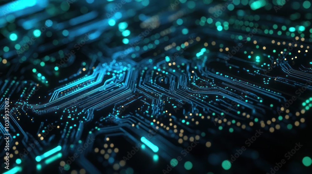 Poster detailed shot of a circuit board with techno dots representing electronic connections.