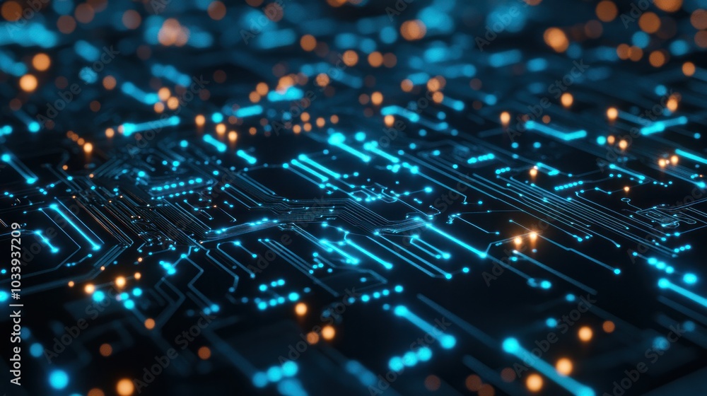 Poster detailed shot of a circuit board with techno dots representing electronic connections.