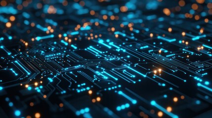 detailed shot of a circuit board with techno dots representing electronic connections.
