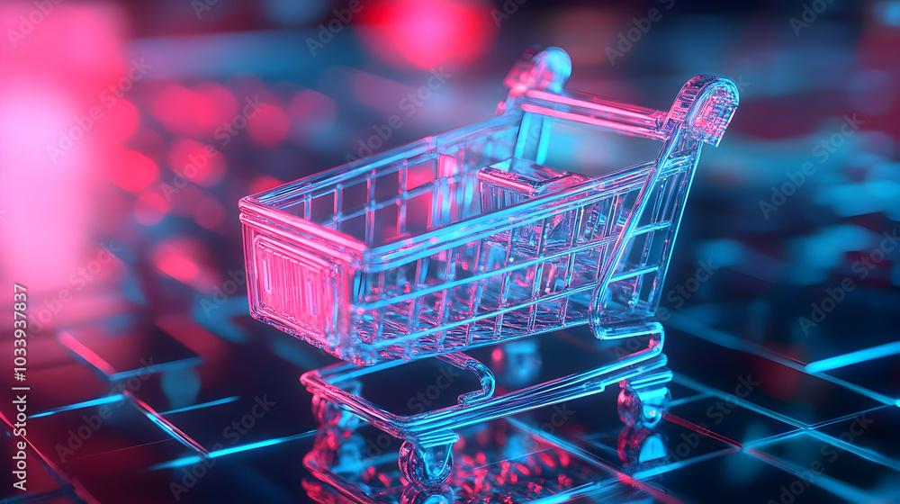 Poster 3d macro lens on futuristic shopping cart icon - close-up holographic render showcasing modern e-com