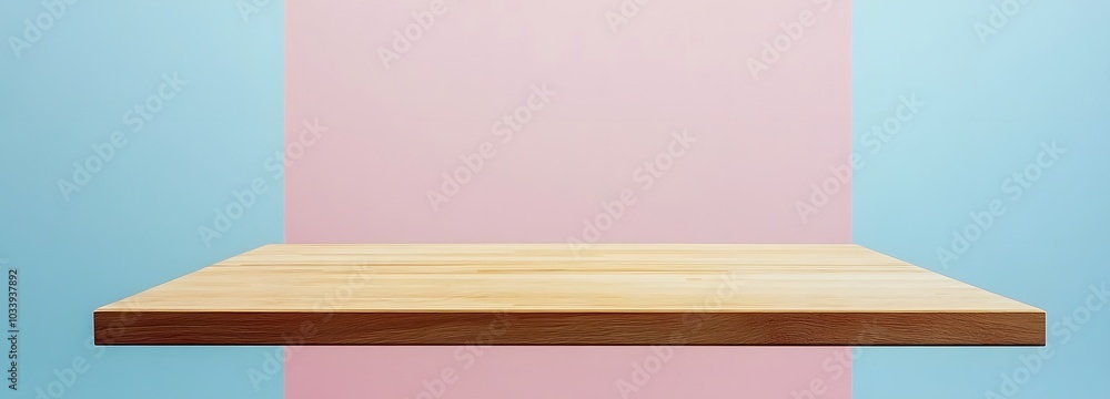 Aufkleber 2. a minimalistic wooden table against a soft pastel backdrop, emphasizing the empty space