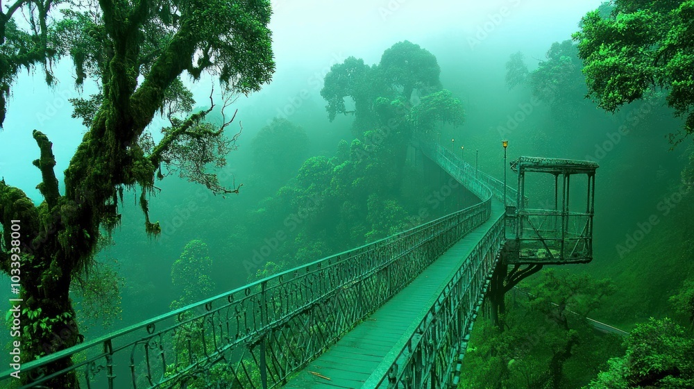 Poster a foggy forest path with a metal bridge and gazebo