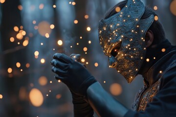 A mysterious figure wearing a detailed, ornate mask holds glowing orbs in a dark, enchanting setting, evoking intrigue and a sense of fantasy and magic.