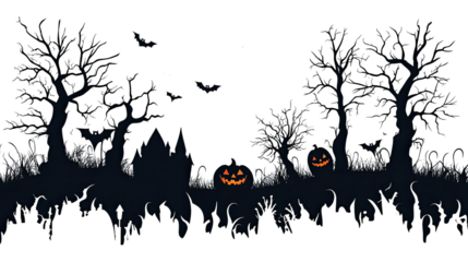 A spooky Halloween night scene featuring a pumpkin and bats silhouetted against an orange sunset sky with a full moon