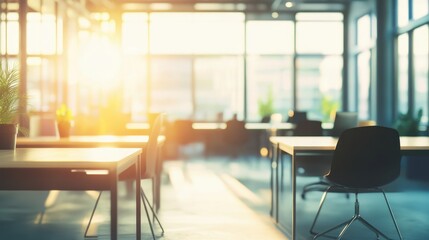 Modern Office Workspace with Sunlight Streaming Through Large Windows
