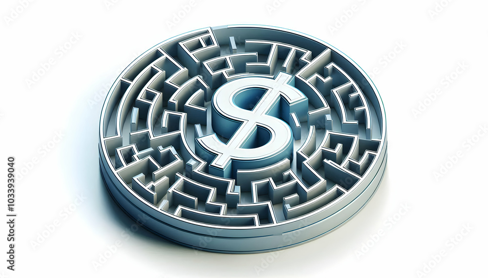 Poster 3d circular maze concept with dollar sign center - vector icon of success paths and dead ends on iso