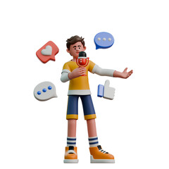 3D Social Media Character Comment Goals Like Megaphone Influencer Technology Digital Communication Content Creator Mobile Network Online