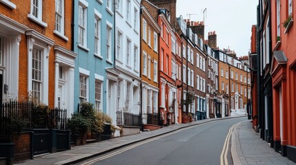 Colorful historic london street with red, blue, and yellow townhouses on a cozy day