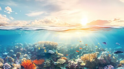 A beautiful underwater scene with colorful coral reefs and fish swimming in the clear blue water, with the sun shining through the surface above.