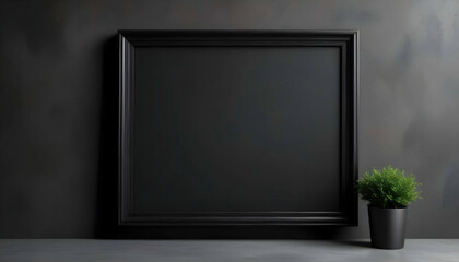 Fototapeta premium A black picture frame hanging on a dark concrete wall, creating a striking contrast that highlights the artwork inside, perfect for modern interior design.