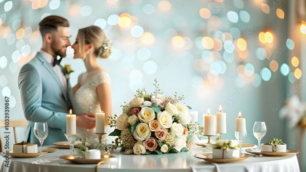 Poster bokeh wedding reception concept - captivating scene with soft bokeh lighting, abstract elements, and