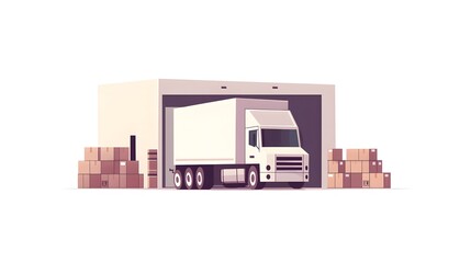 Vector flat illustration of warehouse with truck loading, white background