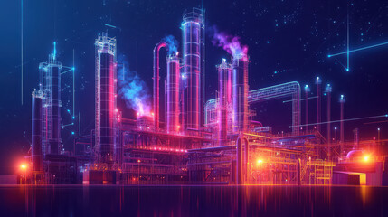 Fototapeta premium A vibrant, futuristic industrial complex with colorful lights and smoke emissions.