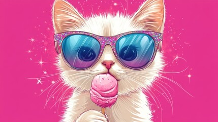 Fototapeta premium Cute Cat with Ice Cream in Sunglasses