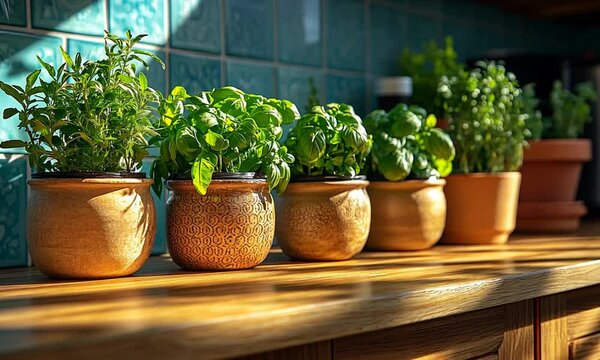 A row of herb pots on a wooden shelf in a sunlit kitchen.