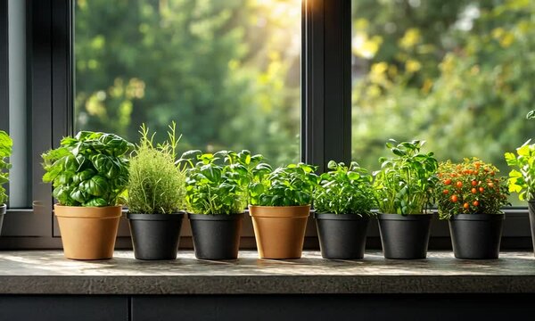 A row of potted herbs on a windowsill with sunlight filtering through.