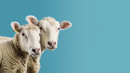Close-up of a sheep and cow standing side by side against a blue background. Ideal for agricultural, farm, or livestock-related themes with modern, clean presentation, and eid adha