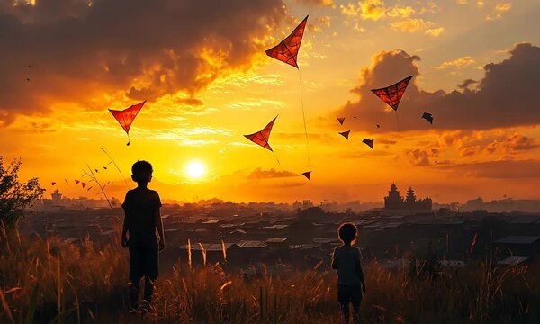 Children flying kites at sunset over a city landscape.
