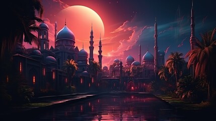 Naklejka premium Mystical Cityscape Under a Red Moon