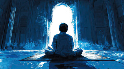 A young boy reading the Quran in a calm mosque setting