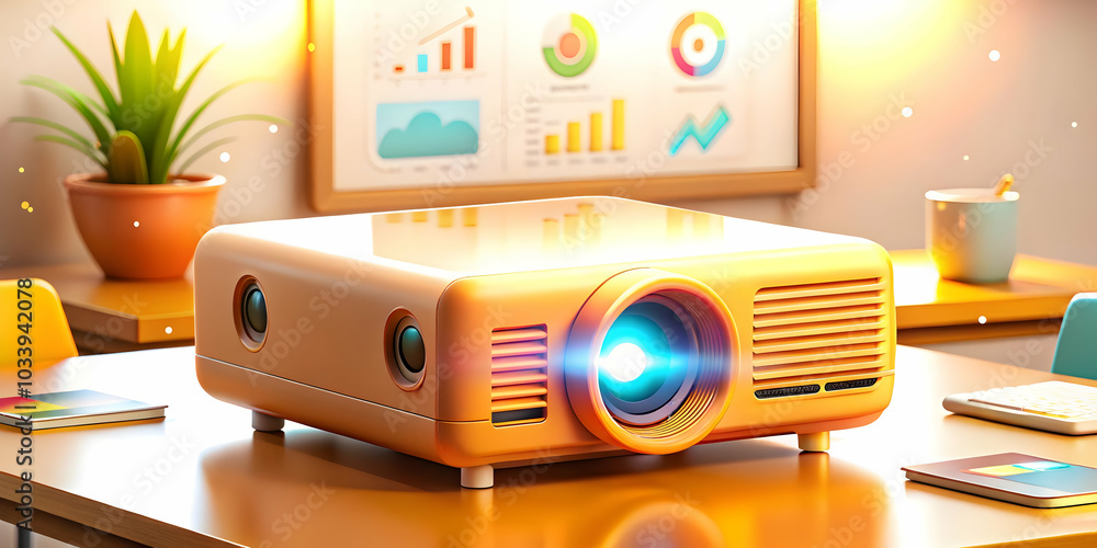 Poster macro shot of a futuristic projector showcasing holographic business presentation slides in a high-t
