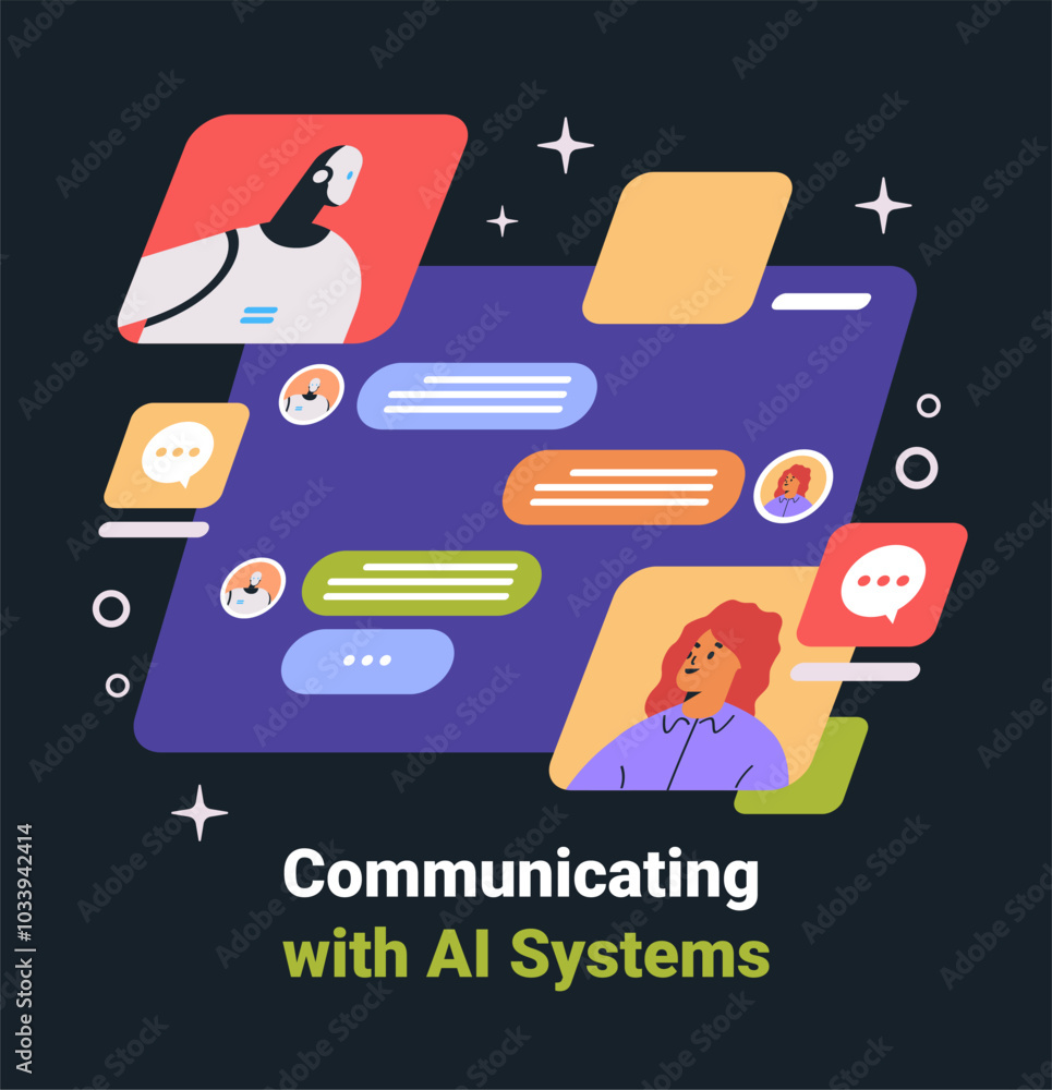Poster communicating with ai systems chatbot interaction colorful vibrant dark background futuristic messag