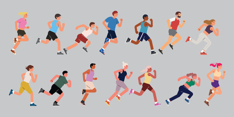 Jogging people group. Men, women crowd running. Many runners in line. Diverse joggers characters in motion, action. Sport exercise, marathon. Flat vector illustration isolated on white background.