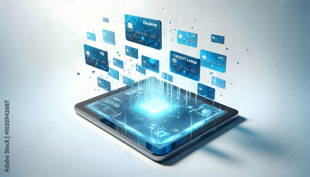 Poster 3d holographic tablet displaying floating credit cards � tilt shot from low angle with copy space on